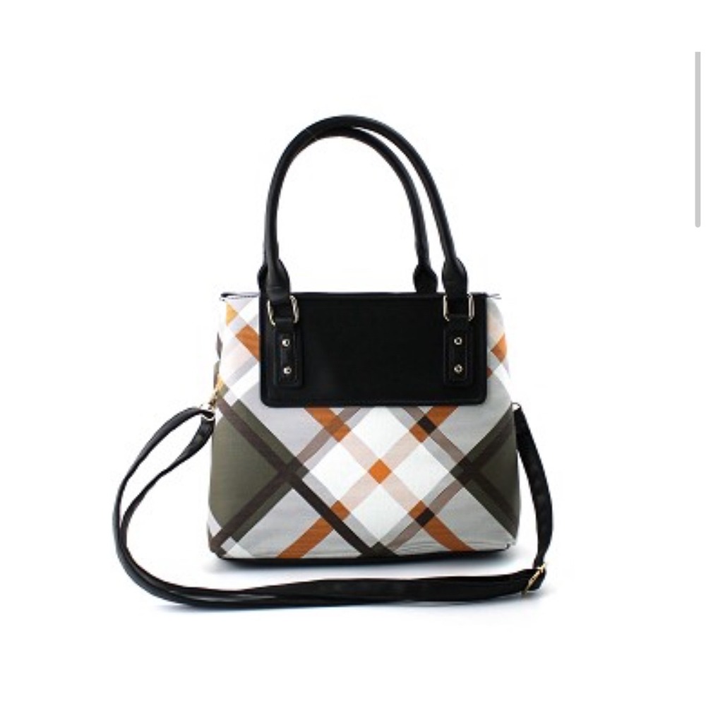 AR New York Green‎ and Yellow Plaid Satchel with Black Straps and Accents